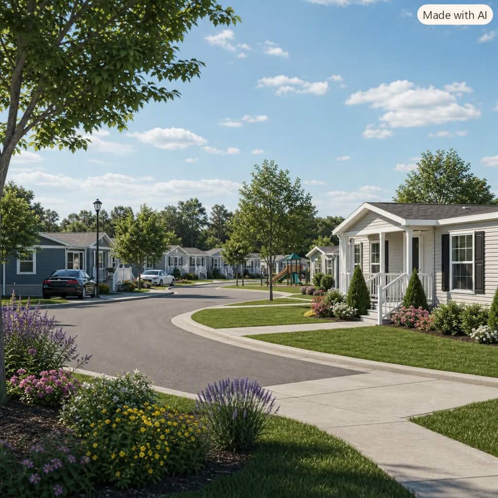 Street-level rendering of a modular home community with landscaped lots and walkways